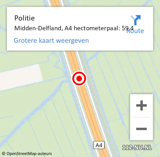 Locatie op kaart van de 112 melding: Politie Midden-Delfland, A4 hectometerpaal: 59,4 op 5 april 2023 20:58