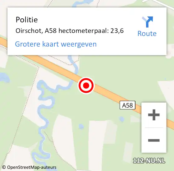 Locatie op kaart van de 112 melding: Politie Oirschot, A58 hectometerpaal: 23,6 op 5 april 2023 22:02