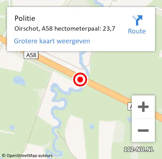 Locatie op kaart van de 112 melding: Politie Oirschot, A58 hectometerpaal: 23,7 op 5 april 2023 22:04