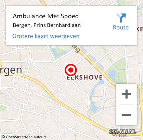 Locatie op kaart van de 112 melding: Ambulance Met Spoed Naar Bergen, Prins Bernhardlaan op 6 april 2023 01:13