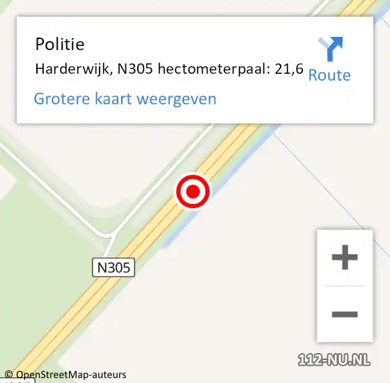 Locatie op kaart van de 112 melding: Politie Harderwijk, N305 hectometerpaal: 21,6 op 6 april 2023 09:30