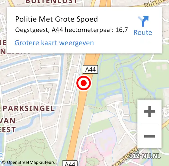 Locatie op kaart van de 112 melding: Politie Met Grote Spoed Naar Oegstgeest, A44 hectometerpaal: 16,7 op 6 april 2023 10:40