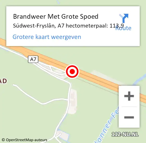 Locatie op kaart van de 112 melding: Brandweer Met Grote Spoed Naar Súdwest-Fryslân, A7 hectometerpaal: 113,9 op 6 april 2023 16:47