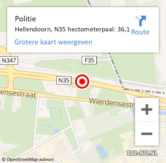 Locatie op kaart van de 112 melding: Politie Hellendoorn, N35 hectometerpaal: 36,1 op 6 april 2023 17:14