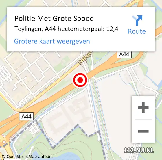 Locatie op kaart van de 112 melding: Politie Met Grote Spoed Naar Teylingen, A44 hectometerpaal: 12,4 op 6 april 2023 17:44