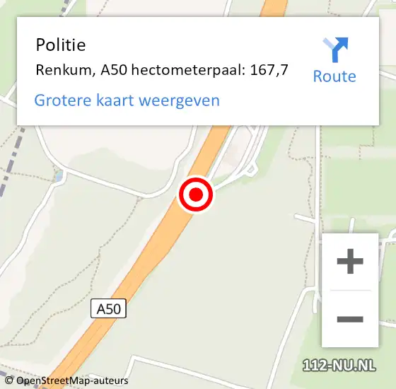 Locatie op kaart van de 112 melding: Politie Renkum, A50 hectometerpaal: 167,7 op 6 april 2023 18:35