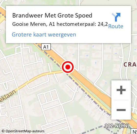 Locatie op kaart van de 112 melding: Brandweer Met Grote Spoed Naar Gooise Meren, A1 hectometerpaal: 24,2 op 6 april 2023 19:29