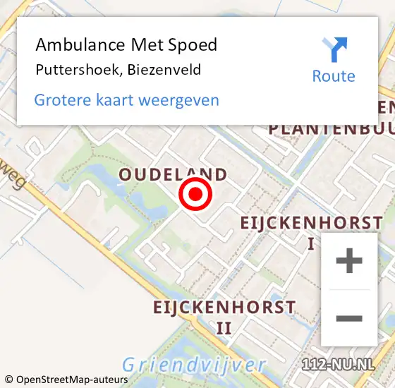 Locatie op kaart van de 112 melding: Ambulance Met Spoed Naar Puttershoek, Biezenveld op 6 april 2023 22:34