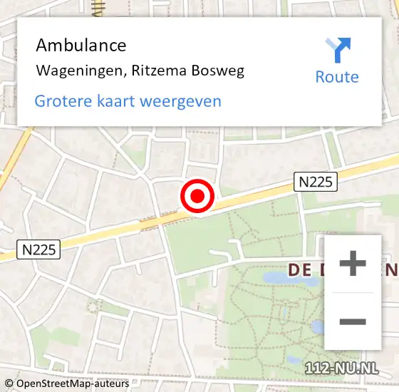 Locatie op kaart van de 112 melding: Ambulance Wageningen, Ritzema Bosweg op 7 april 2023 03:09