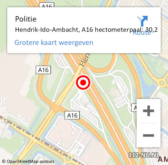 Locatie op kaart van de 112 melding: Politie Hendrik-Ido-Ambacht, A16 hectometerpaal: 30,2 op 7 april 2023 03:30