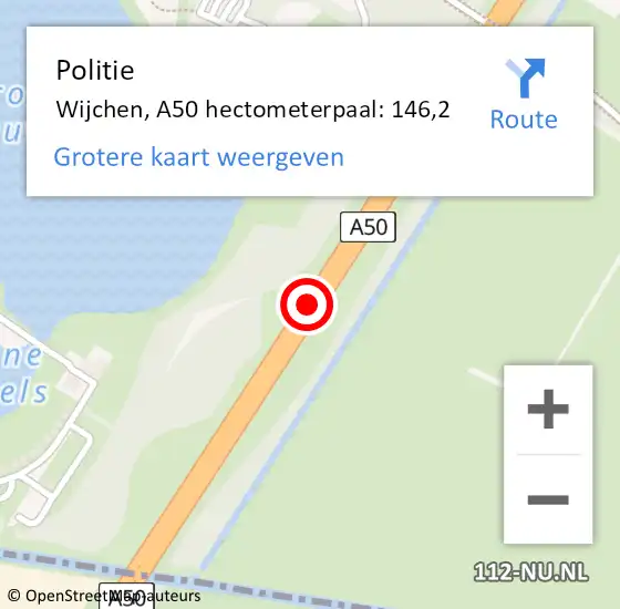 Locatie op kaart van de 112 melding: Politie Wijchen, A50 hectometerpaal: 146,2 op 7 april 2023 07:08