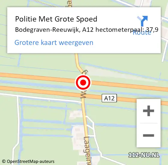 Locatie op kaart van de 112 melding: Politie Met Grote Spoed Naar Bodegraven-Reeuwijk, A12 hectometerpaal: 37,9 op 7 april 2023 08:22