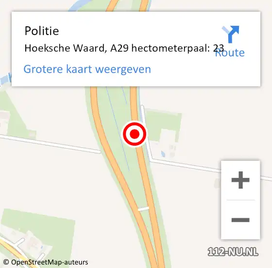 Locatie op kaart van de 112 melding: Politie Hoeksche Waard, A29 hectometerpaal: 23 op 7 april 2023 10:47