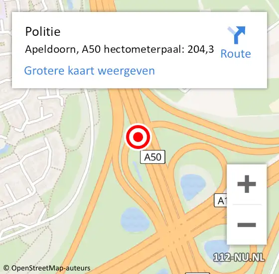 Locatie op kaart van de 112 melding: Politie Apeldoorn, A50 hectometerpaal: 204,3 op 7 april 2023 13:07