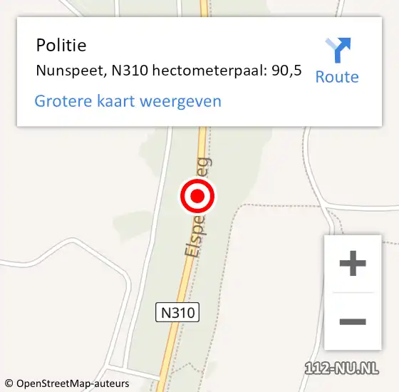 Locatie op kaart van de 112 melding: Politie Nunspeet, N310 hectometerpaal: 90,5 op 7 april 2023 13:26