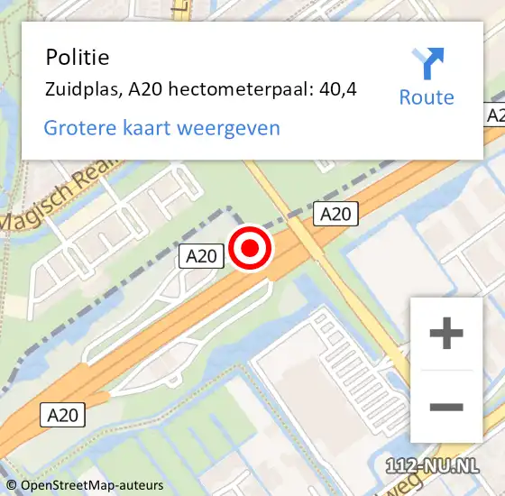 Locatie op kaart van de 112 melding: Politie Zuidplas, A20 hectometerpaal: 40,4 op 7 april 2023 13:35