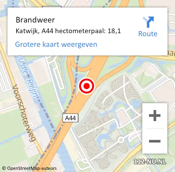 Locatie op kaart van de 112 melding: Brandweer Katwijk, A44 hectometerpaal: 18,1 op 7 april 2023 15:15