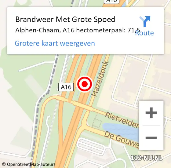 Locatie op kaart van de 112 melding: Brandweer Met Grote Spoed Naar Alphen-Chaam, A16 hectometerpaal: 71,5 op 7 april 2023 15:30