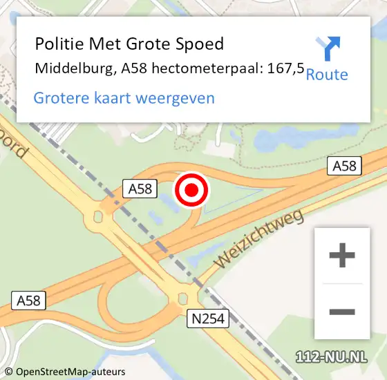 Locatie op kaart van de 112 melding: Politie Met Grote Spoed Naar Middelburg, A58 hectometerpaal: 167,5 op 7 april 2023 15:57