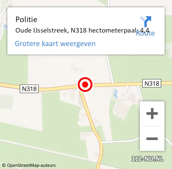 Locatie op kaart van de 112 melding: Politie Oude IJsselstreek, N318 hectometerpaal: 4,4 op 7 april 2023 18:08