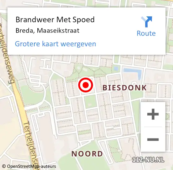 Locatie op kaart van de 112 melding: Brandweer Met Spoed Naar Breda, Maaseikstraat op 7 april 2023 21:06