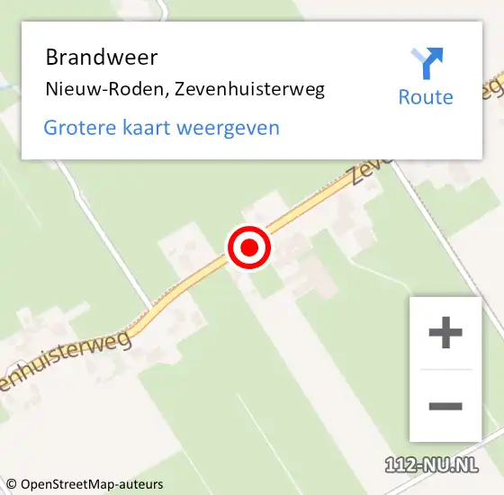 Locatie op kaart van de 112 melding: Brandweer Nieuw-Roden, Zevenhuisterweg op 21 augustus 2014 15:45