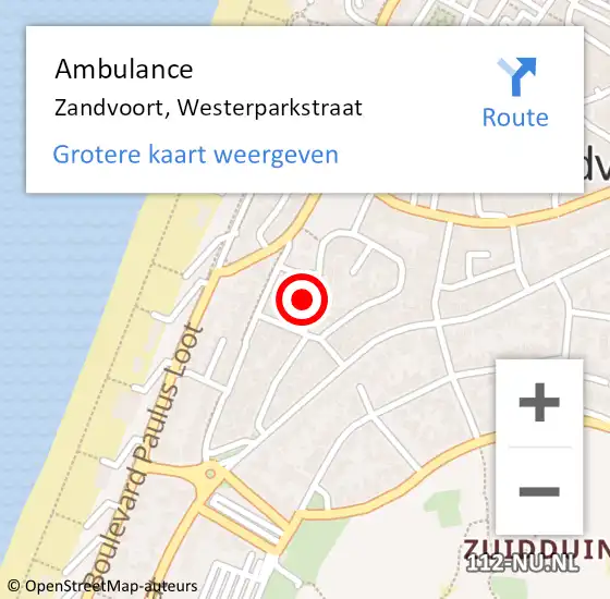 Locatie op kaart van de 112 melding: Ambulance Zandvoort, Westerparkstraat op 8 april 2023 11:49