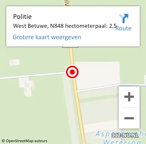 Locatie op kaart van de 112 melding: Politie West Betuwe, N848 hectometerpaal: 2,5 op 8 april 2023 13:47