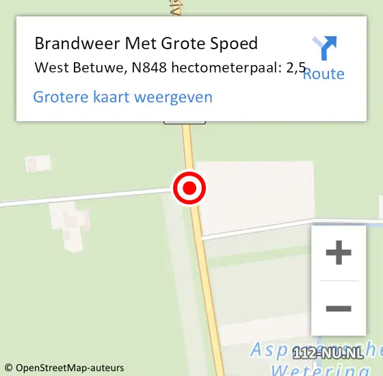 Locatie op kaart van de 112 melding: Brandweer Met Grote Spoed Naar West Betuwe, N848 hectometerpaal: 2,5 op 8 april 2023 13:48