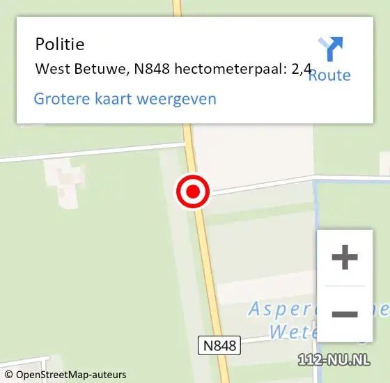 Locatie op kaart van de 112 melding: Politie West Betuwe, N848 hectometerpaal: 2,4 op 8 april 2023 13:50