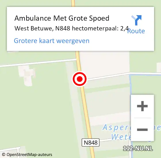 Locatie op kaart van de 112 melding: Ambulance Met Grote Spoed Naar West Betuwe, N848 hectometerpaal: 2,4 op 8 april 2023 14:02