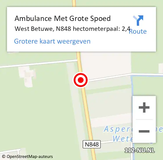 Locatie op kaart van de 112 melding: Ambulance Met Grote Spoed Naar West Betuwe, N848 hectometerpaal: 2,4 op 8 april 2023 14:03
