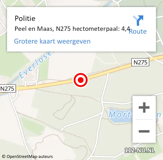 Locatie op kaart van de 112 melding: Politie Peel en Maas, N275 hectometerpaal: 4,4 op 8 april 2023 15:46