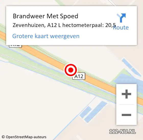 Locatie op kaart van de 112 melding: Brandweer Met Spoed Naar Zevenhuizen, A12 L hectometerpaal: 20,5 op 21 augustus 2014 16:34