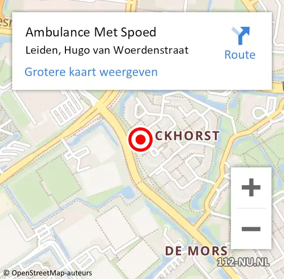 Locatie op kaart van de 112 melding: Ambulance Met Spoed Naar Leiden, Hugo van Woerdenstraat op 8 april 2023 16:59