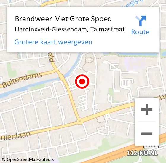 Locatie op kaart van de 112 melding: Brandweer Met Grote Spoed Naar Hardinxveld-Giessendam, Talmastraat op 8 april 2023 21:57