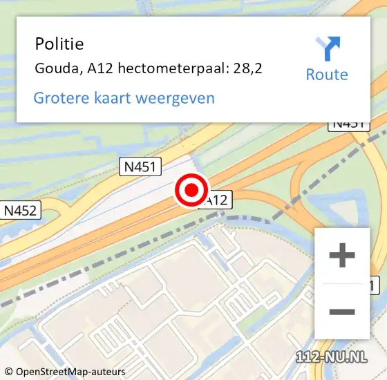 Locatie op kaart van de 112 melding: Politie Gouda, A12 hectometerpaal: 28,2 op 9 april 2023 02:03