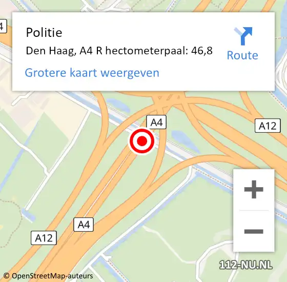 Locatie op kaart van de 112 melding: Politie Den Haag, A4 R hectometerpaal: 46,8 op 21 augustus 2014 17:35