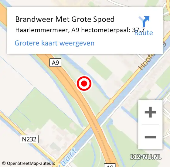 Locatie op kaart van de 112 melding: Brandweer Met Grote Spoed Naar Haarlemmermeer, A9 hectometerpaal: 37,7 op 9 april 2023 07:42