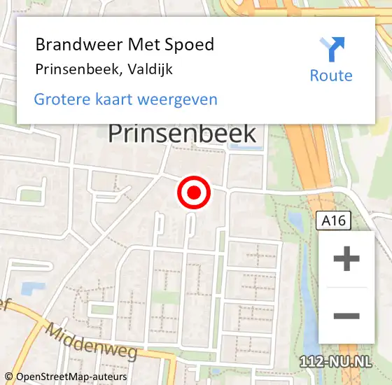 Locatie op kaart van de 112 melding: Brandweer Met Spoed Naar Prinsenbeek, Valdijk op 9 april 2023 10:08