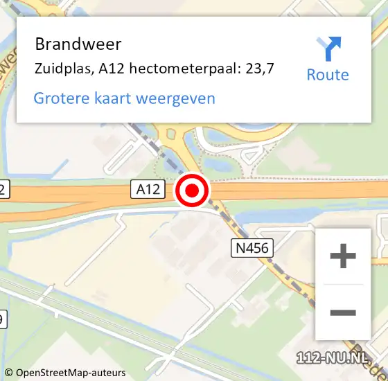 Locatie op kaart van de 112 melding: Brandweer Zuidplas, A12 hectometerpaal: 23,7 op 9 april 2023 11:48