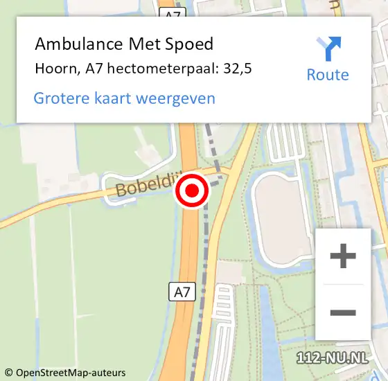 Locatie op kaart van de 112 melding: Ambulance Met Spoed Naar Hoorn, A7 hectometerpaal: 32,5 op 9 april 2023 12:00