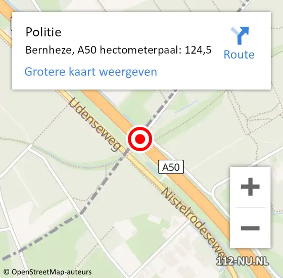 Locatie op kaart van de 112 melding: Politie Bernheze, A50 hectometerpaal: 124,5 op 9 april 2023 14:00