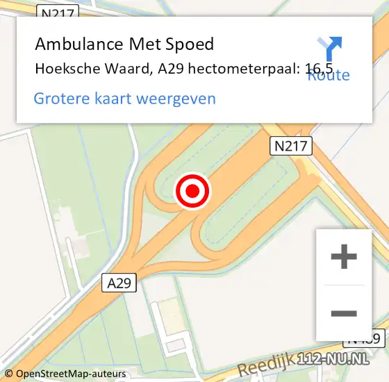Locatie op kaart van de 112 melding: Ambulance Met Spoed Naar Hoeksche Waard, A29 hectometerpaal: 16,5 op 9 april 2023 16:21