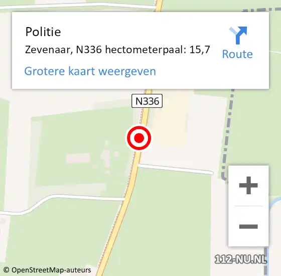 Locatie op kaart van de 112 melding: Politie Zevenaar, N336 hectometerpaal: 15,7 op 9 april 2023 19:39