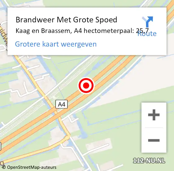 Locatie op kaart van de 112 melding: Brandweer Met Grote Spoed Naar Kaag en Braassem, A4 hectometerpaal: 25,7 op 9 april 2023 19:58