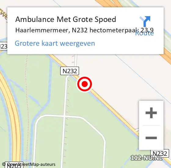 Locatie op kaart van de 112 melding: Ambulance Met Grote Spoed Naar Haarlemmermeer, N232 hectometerpaal: 23,9 op 9 april 2023 22:56