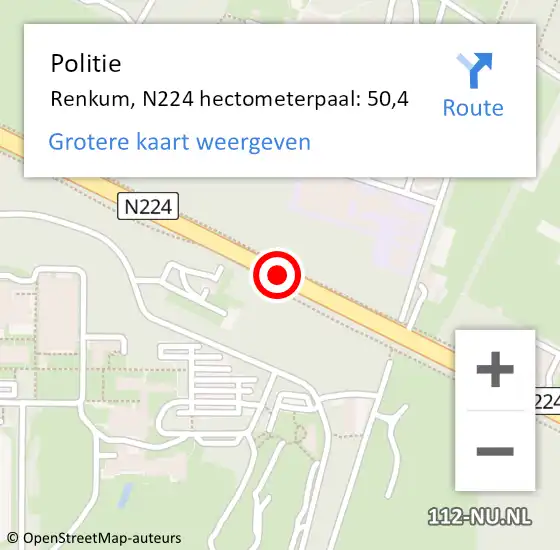 Locatie op kaart van de 112 melding: Politie Renkum, N224 hectometerpaal: 50,4 op 9 april 2023 23:52