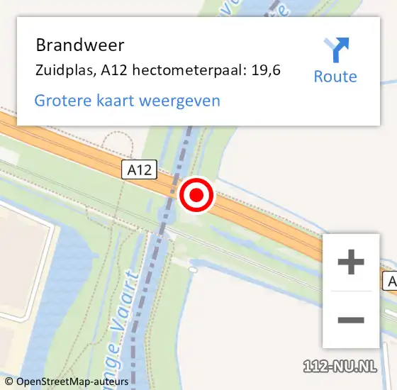 Locatie op kaart van de 112 melding: Brandweer Zuidplas, A12 hectometerpaal: 19,6 op 10 april 2023 02:52