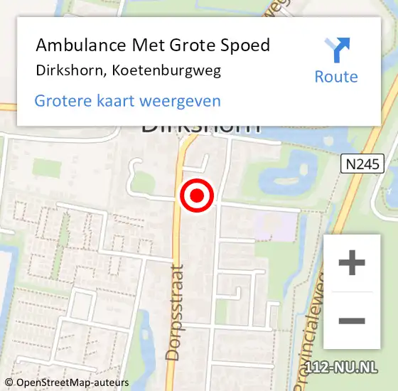 Locatie op kaart van de 112 melding: Ambulance Met Grote Spoed Naar Dirkshorn, Koetenburgweg op 10 april 2023 11:39